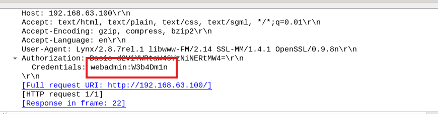 Cabeceras de la misma petición con la cabecera Authorization desplegada: "Basic d2ViYWRtaW46VzNiNERtMW4=" y debajo la línea que añade Wireshark, "Credentials: webadmin:W3b4Dm1n", recuadrada en rojo.