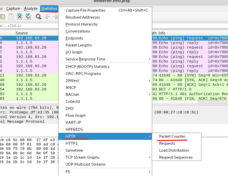 Menú Statistics de Wireshark desplegado, con HTTP y después Packet Counter subrayados en rojo.