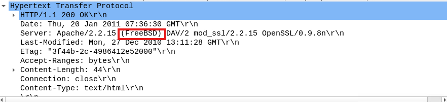 Cabeceras de la respuesta HTTP/1.1 200 OK en Wireshark. La línea Server dice "Apache/2.2.15 (FreeBSD) DAV/2 mod_ssl/2.2.15 OpenSSL/0.9.8n", con "(FreeBSD)" recuadrado en rojo.