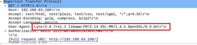 Cabeceras de la petición "GET / HTTP/1.0" en Wireshark, con Host 192.168.63.100 y la línea User-Agent "Lynx/2.8.7rel.1 libwww-FM/2.14 SSL-MM/1.4.1 OpenSSL/0.9.8n" recuadrada en rojo.