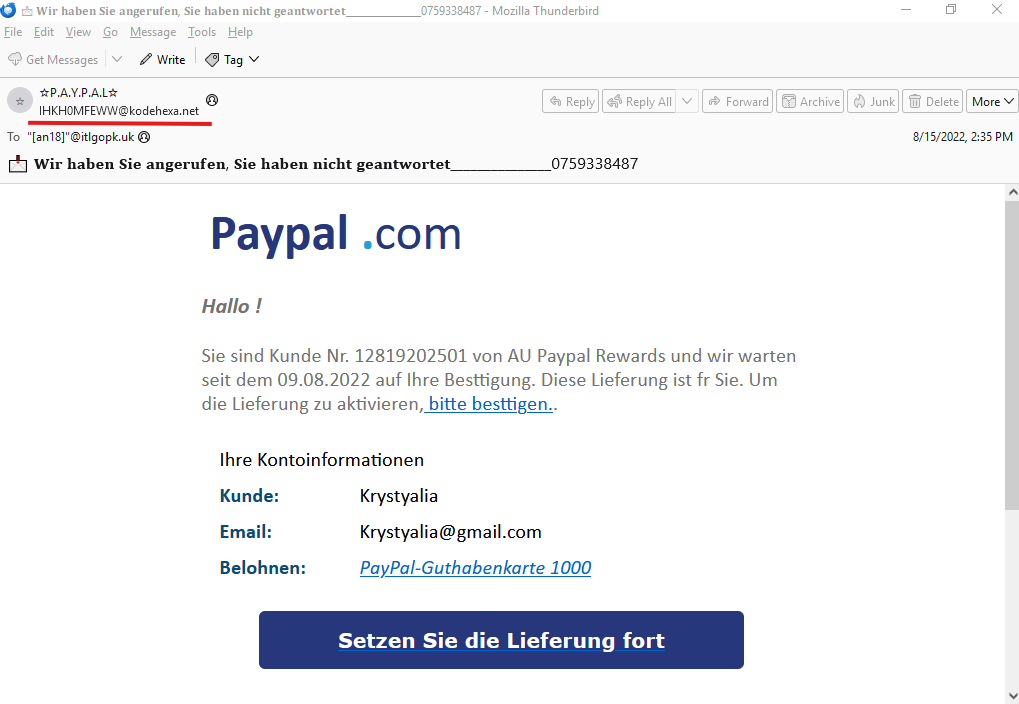 Correo abierto en Thunderbird. El remitente aparece como "P.A.Y.P.A.L" con la dirección IHKH0MFEWW@kodehexa.net subrayada en rojo, asunto en alemán "Wir haben Sie angerufen, Sie haben nicht geantwortet" y cuerpo con el logo "Paypal .com", un supuesto premio "PayPal-Guthabenkarte 1000" y un botón azul "Setzen Sie die Lieferung fort".