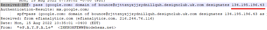 Cabeceras del correo en Notepad++: la línea "Received-SPF: pass (google.com: domain of bounce@rjttznyzjjzydnillquh.designclub.uk.com designates 134.195.196.43 ...)" con la IP subrayada en rojo, seguida de Authentication-Results con spf=pass, Date y From.